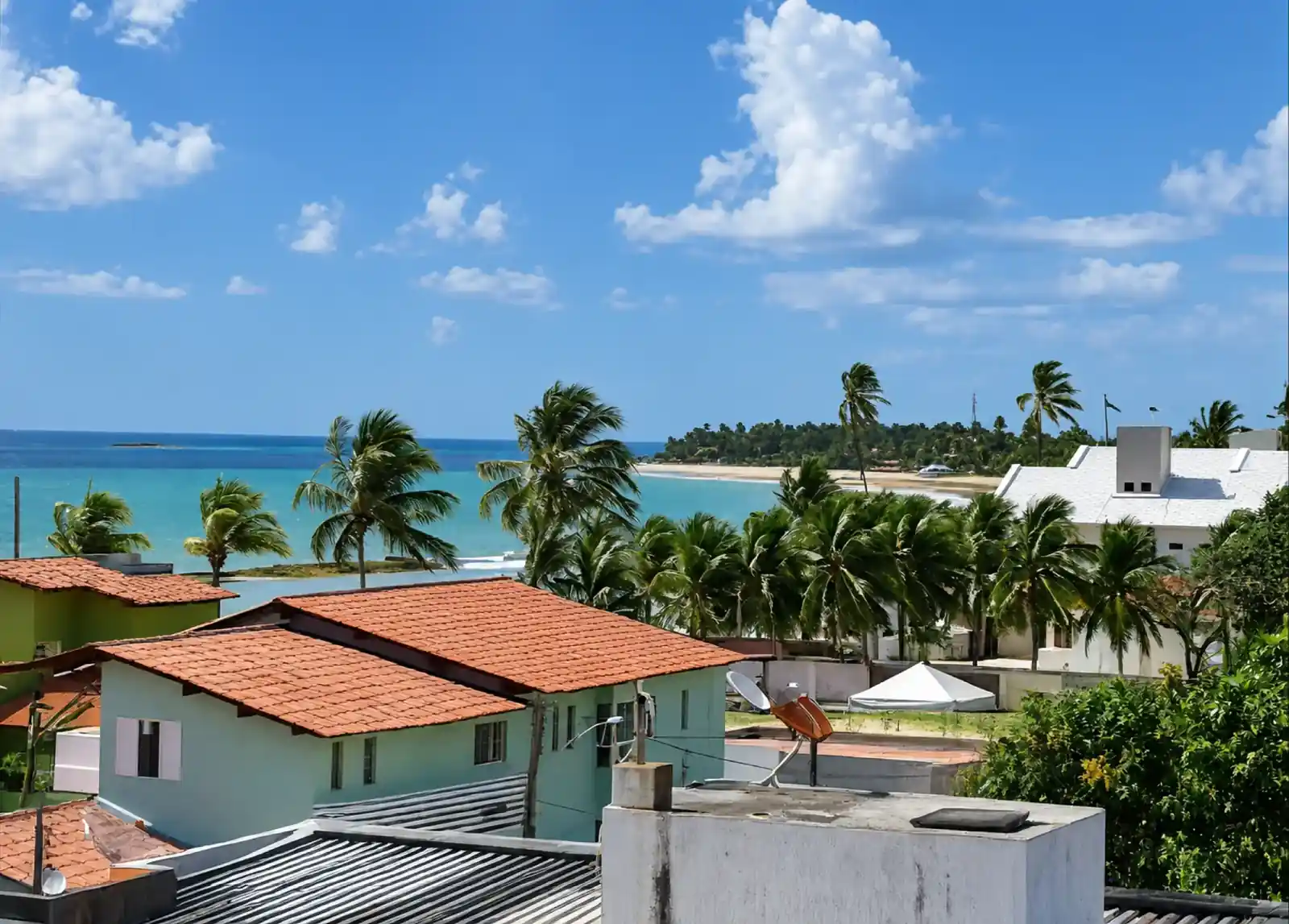 Vista sobre telhados e coqueiros em direção ao mar em Tamandaré